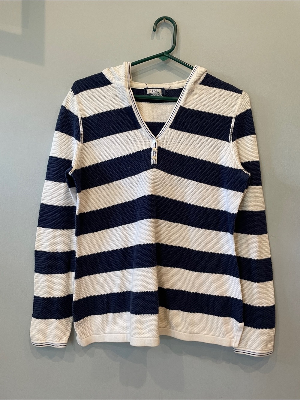Navy blue and white stripe long sleeve hooded top